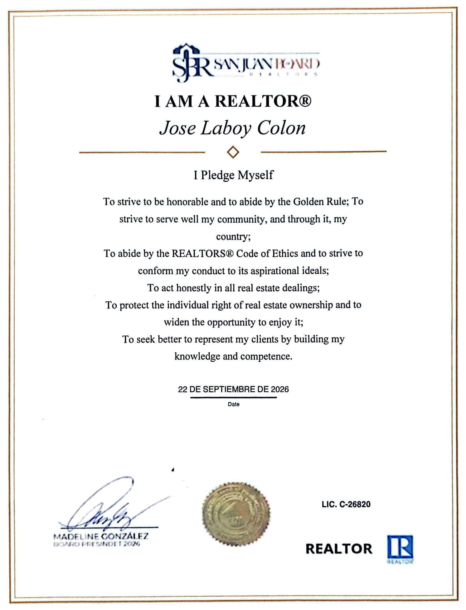 Certificado I AM A REALTOR® — Jose Laboy Colon, San Juan Board of REALTORS®